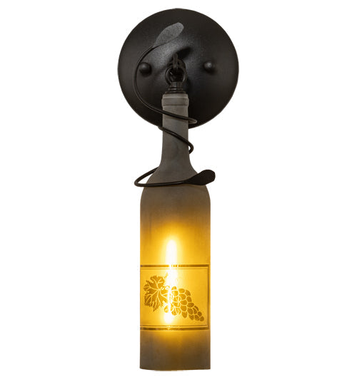 Meyda Lighting Tuscan Vineyard 5" Textured Black Wall Sconce With Green Etched Grapes Wine Bottle Shade Glass