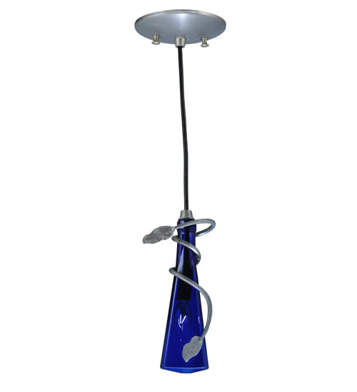 Meyda Lighting Tuscan Vineyard 5" Wrought Iron Nickel Mini Pendant Light With Blue Wine Bottle Shade Glass