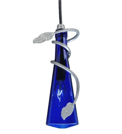 Meyda Lighting Tuscan Vineyard 5" Wrought Iron Nickel Mini Pendant Light With Blue Wine Bottle Shade Glass