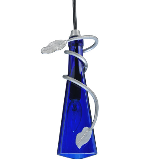 Meyda Lighting Tuscan Vineyard 5" Wrought Iron Nickel Mini Pendant Light With Blue Wine Bottle Shade Glass