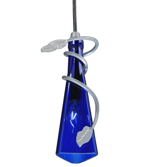 Meyda Lighting Tuscan Vineyard 5" Wrought Iron Nickel Mini Pendant Light With Blue Wine Bottle Shade Glass