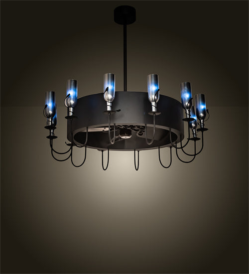 Meyda Lighting Tuscan Vineyard 50" 12-Light Textured Black Chandelier With Chrome Wine Bottle Shade and Fan