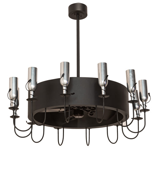 Meyda Lighting Tuscan Vineyard 50" 12-Light Textured Black Chandelier With Chrome Wine Bottle Shade and Fan