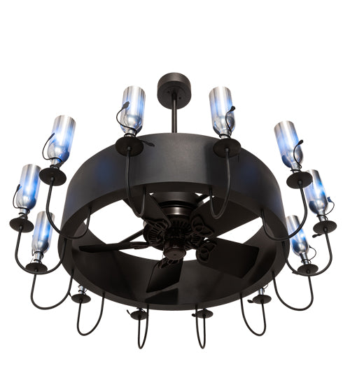 Meyda Lighting Tuscan Vineyard 50" 12-Light Textured Black Chandelier With Chrome Wine Bottle Shade and Fan