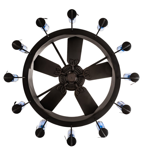 Meyda Lighting Tuscan Vineyard 50" 12-Light Textured Black Chandelier With Chrome Wine Bottle Shade and Fan