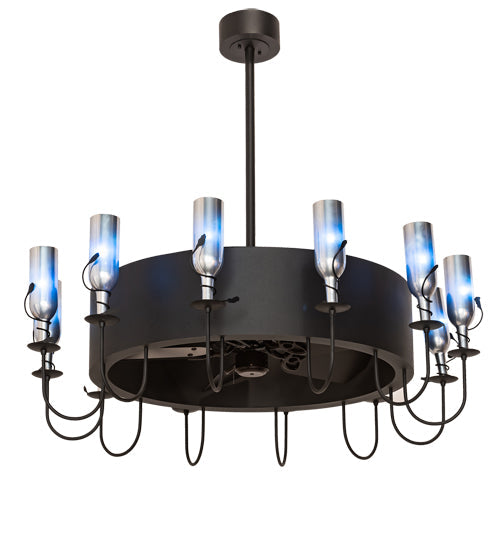 Meyda Lighting Tuscan Vineyard 50" 12-Light Textured Black Chandelier With Chrome Wine Bottle Shade and Fan
