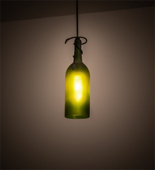 Meyda Lighting Tuscan Vineyard 69253 4" Textured Black Mini Pendant Light With Frosted Green Wine Bottle Shade Glass