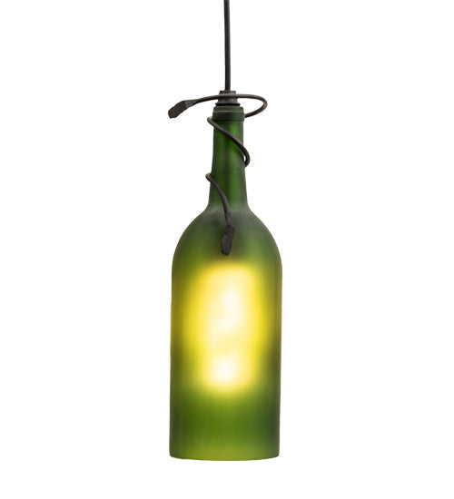 Meyda Lighting Tuscan Vineyard 69253 4" Textured Black Mini Pendant Light With Frosted Green Wine Bottle Shade Glass