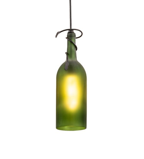 Meyda Lighting Tuscan Vineyard 69253 4" Textured Black Mini Pendant Light With Frosted Green Wine Bottle Shade Glass