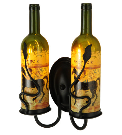 Meyda Lighting Tuscan Vineyard 9" 2-Light Textured Black Personalized Wall Sconce With Customer Supplied Bottles Shade