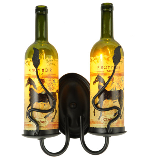 Meyda Lighting Tuscan Vineyard 9" 2-Light Textured Black Personalized Wall Sconce With Customer Supplied Bottles Shade