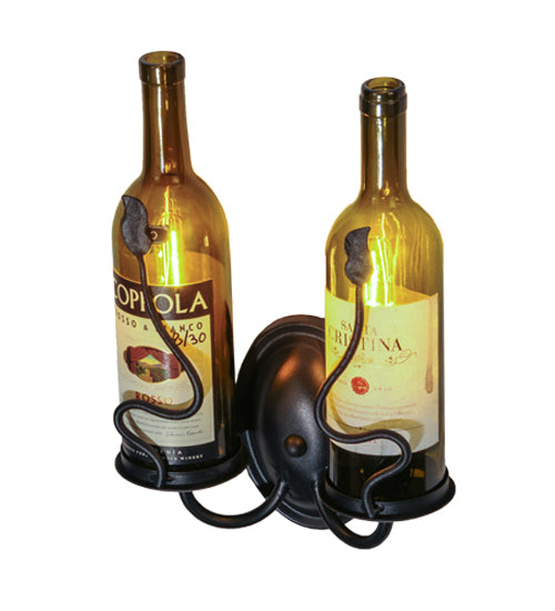 Meyda Lighting Tuscan Vineyard 9" 2-Light Textured Black Personalized Wall Sconce With Customer Supplied Wine Bottles Shade Glass