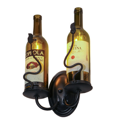 Meyda Lighting Tuscan Vineyard 9" 2-Light Textured Black Personalized Wall Sconce With Customer Supplied Wine Bottles Shade Glass