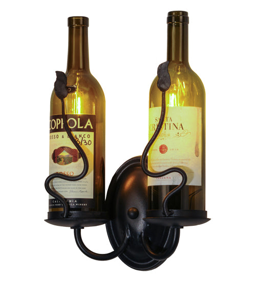Meyda Lighting Tuscan Vineyard 9" 2-Light Textured Black Personalized Wall Sconce With Customer Supplied Wine Bottles Shade Glass