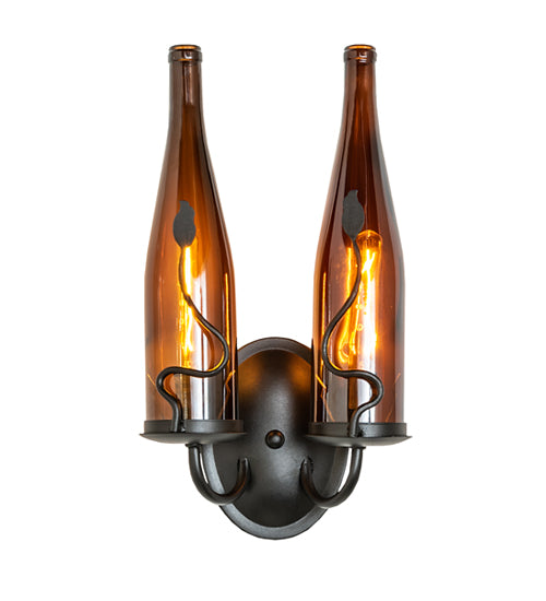 Meyda Lighting Tuscan Vineyard 9" 2-Light Textured Black Wall Sconce With 2 Amber Wine Bottle Shade Glass