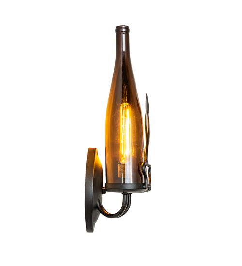 Meyda Lighting Tuscan Vineyard 9" 2-Light Textured Black Wall Sconce With 2 Amber Wine Bottle Shade Glass