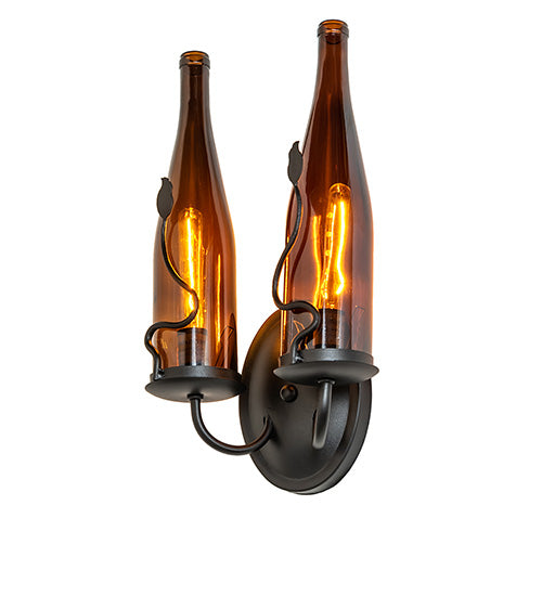 Meyda Lighting Tuscan Vineyard 9" 2-Light Textured Black Wall Sconce With 2 Amber Wine Bottle Shade Glass