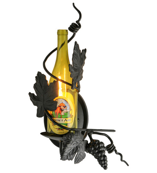 Meyda Lighting Tuscan Vineyard 9" Textured Black Personalized Wall Sconce With Yellow Wine Bottle Shade Glass