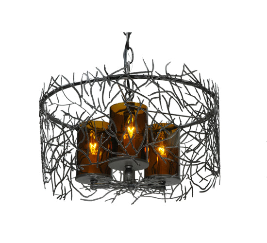 Meyda Lighting Twigs 14" 3-Lights Pewter Pendant Light With Frosted Amber Shade Glass