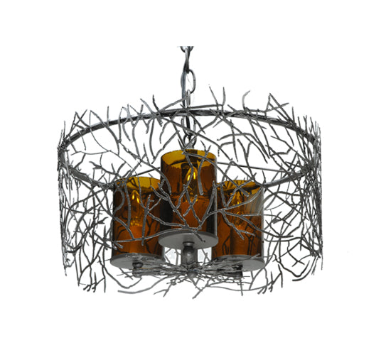 Meyda Lighting Twigs 14" 3-Lights Pewter Pendant Light With Frosted Amber Shade Glass