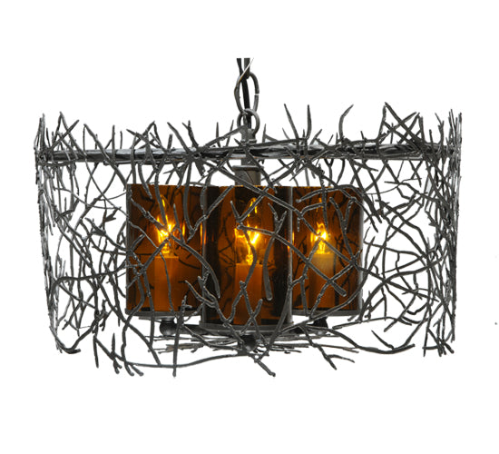 Meyda Lighting Twigs 14" 3-Lights Pewter Pendant Light With Frosted Amber Shade Glass