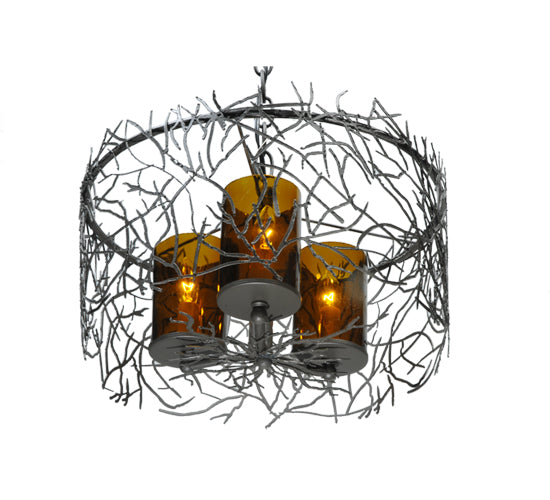 Meyda Lighting Twigs 14" 3-Lights Pewter Pendant Light With Frosted Amber Shade Glass