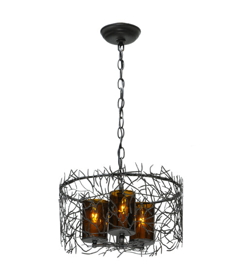 Meyda Lighting Twigs 14" 3-Lights Pewter Pendant Light With Frosted Amber Shade Glass