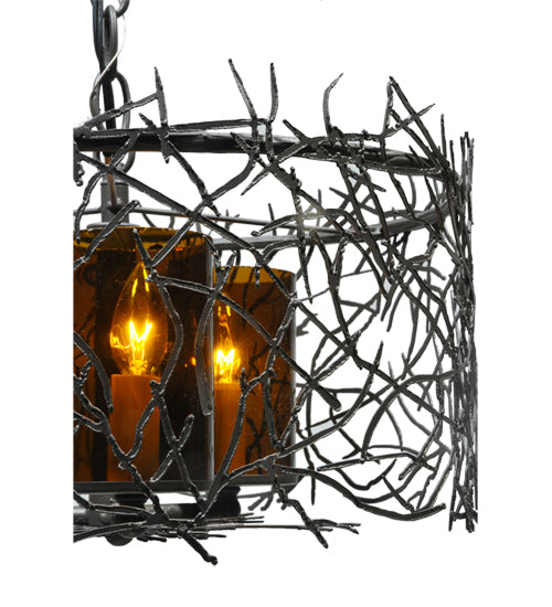 Meyda Lighting Twigs 14" 3-Lights Pewter Pendant Light With Frosted Amber Shade Glass