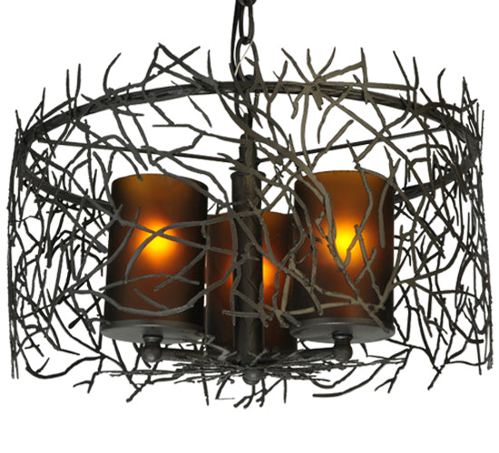 Meyda Lighting Twigs 14" 3-Lights Pewter Pendant Light With Frosted Amber Shade Glass