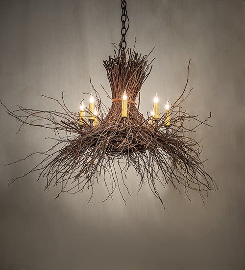 Meyda Lighting Twigs 260850 36" 8-Light Antique Copper & Natural Wood Chandelier With Ivory Faux Candlelight