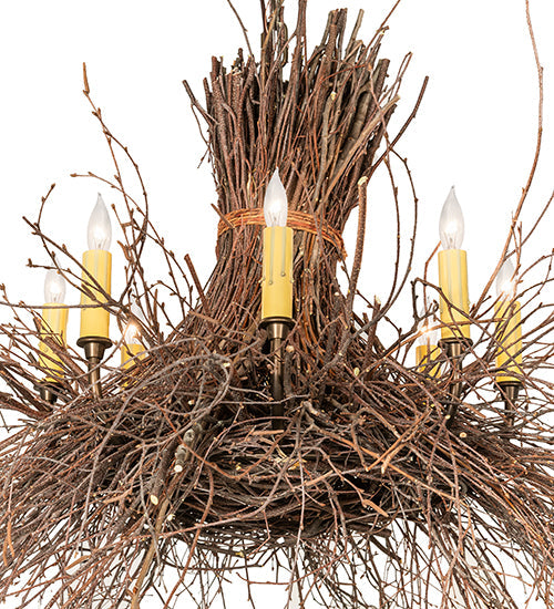 Meyda Lighting Twigs 260850 36" 8-Light Antique Copper & Natural Wood Chandelier With Ivory Faux Candlelight
