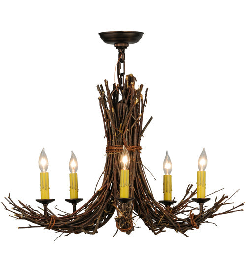 Meyda Lighting Twigs 28" 5-Light Mahogany Bronze Chandelier With Ivory Faux Candlelight