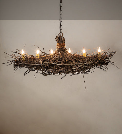Meyda Lighting Twigs 32" 6-Light Antique Copper & Natural Wood Island Chandelier With Ivory Faux Candlelight