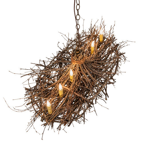 Meyda Lighting Twigs 32" 6-Light Antique Copper & Natural Wood Island Chandelier With Ivory Faux Candlelight
