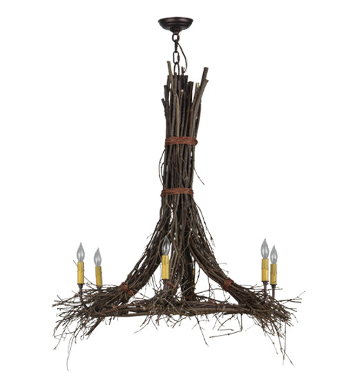 Meyda Lighting Twigs 36" 6-Light Natural Wood & Mahogany Bronze Chandelier With Ivory Faux Candlelight