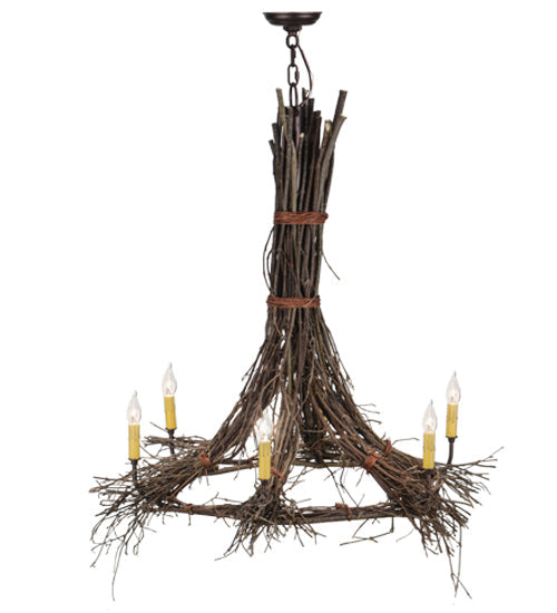 Meyda Lighting Twigs 36" 6-Light Natural Wood & Mahogany Bronze Chandelier With Ivory Faux Candlelight