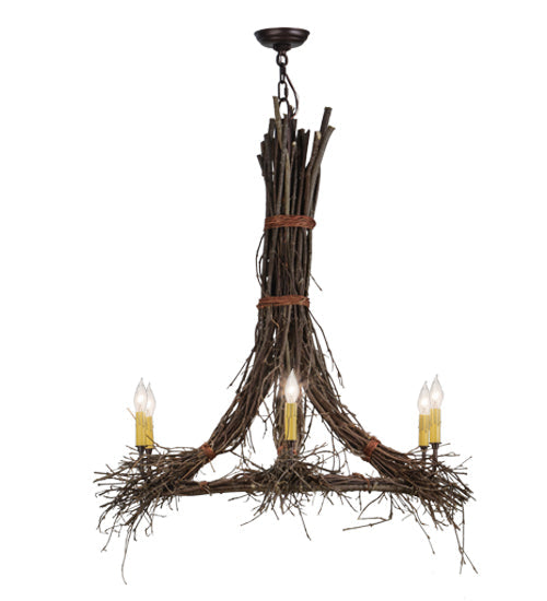 Meyda Lighting Twigs 36" 6-Light Natural Wood & Mahogany Bronze Chandelier With Ivory Faux Candlelight