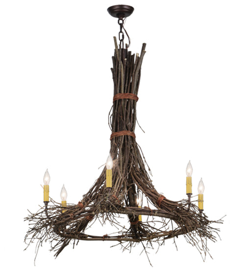 Meyda Lighting Twigs 36" 6-Light Natural Wood & Mahogany Bronze Chandelier With Ivory Faux Candlelight