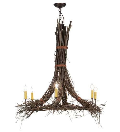Meyda Lighting Twigs 36" 6-Light Natural Wood & Mahogany Bronze Chandelier With Ivory Faux Candlelight