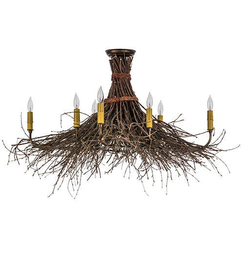 Meyda Lighting Twigs 36" 8-Light Antique Copper & Natural Wood Semi-flush Mount Light With Ivory Faux Candlelight
