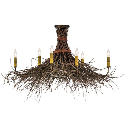 Meyda Lighting Twigs 36" 8-Light Antique Copper & Natural Wood Semi-flush Mount Light With Ivory Faux Candlelight