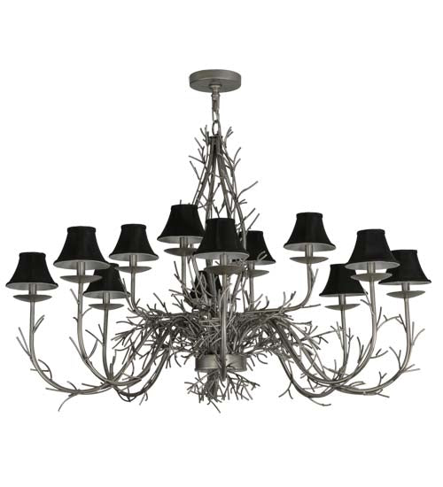 Meyda Lighting Twigs 50" 12-Light Nickel Powder Coat Chandelier With Black Trumpet Textrene Shade