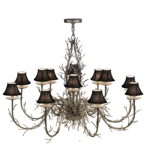 Meyda Lighting Twigs 50" 12-Light Nickel Powder Coat Chandelier With Black Trumpet Textrene Shade