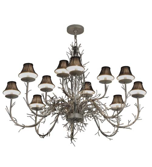 Meyda Lighting Twigs 50" 12-Light Nickel Powder Coat Chandelier With Black Trumpet Textrene Shade