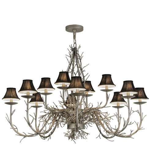 Meyda Lighting Twigs 50" 12-Light Nickel Powder Coat Chandelier With Black Trumpet Textrene Shade