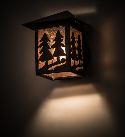Meyda Lighting Twin Spruce Trees 7" Mahogany Bronze Wall Sconce With Silver Mica Shade Glass