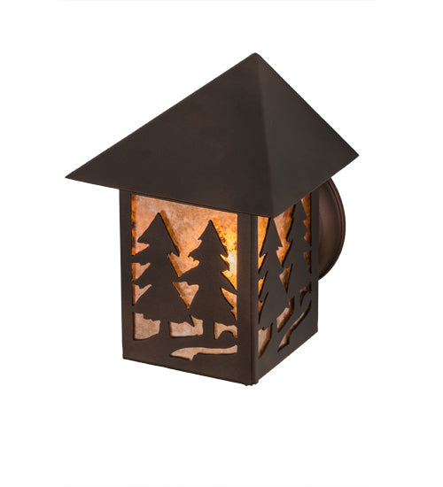 Meyda Lighting Twin Spruce Trees 7" Mahogany Bronze Wall Sconce With Silver Mica Shade Glass