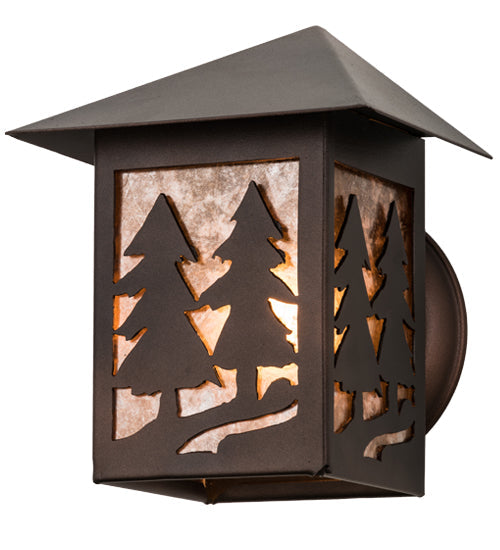 Meyda Lighting Twin Spruce Trees 7" Mahogany Bronze Wall Sconce With Silver Mica Shade Glass