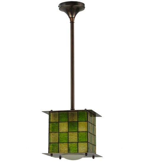 Meyda Lighting Utopia 14" Mahogany Bronze Plaza Mini Pendant Light With Green and Yellow Shade Glass