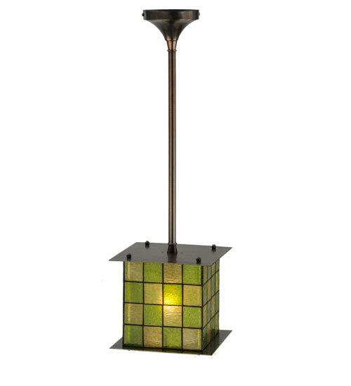 Meyda Lighting Utopia 14" Mahogany Bronze Plaza Mini Pendant Light With Green and Yellow Shade Glass